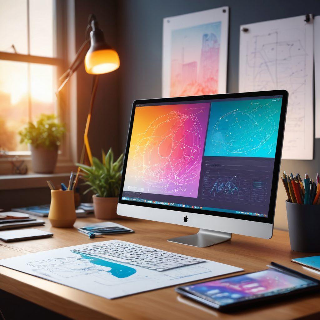 A dynamic workspace showcasing an array of creative tools—sketches, digital tablets, vibrant color palettes—set against a backdrop of inspirational digital designs and infographics. The environment is bathed in soft natural light, highlighting a visual design process in action, where creativity meets technology. Include a mockup of a futuristic user interface integrating engaging visuals. vector art. vibrant colors. soft focus.