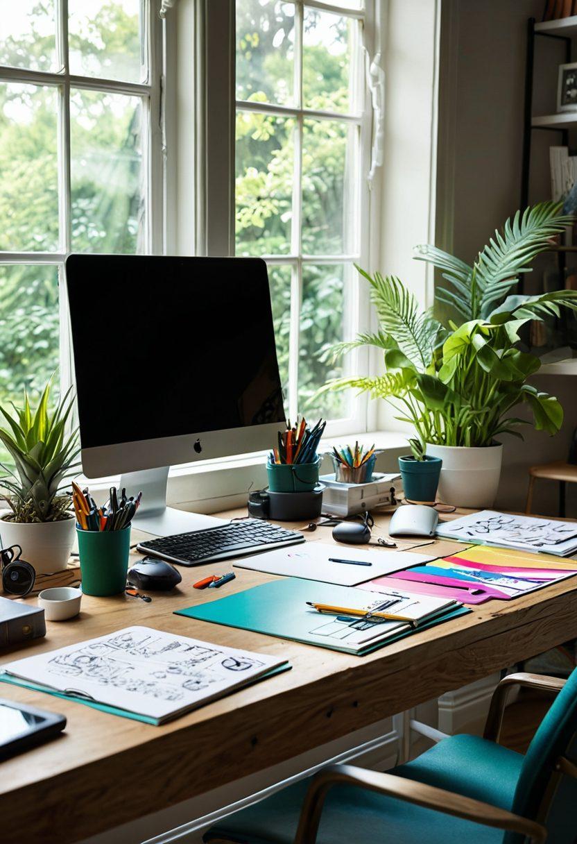 A creative workspace filled with vibrant colors, showcasing various design tools like digital tablets, sketch pads, and color swatches. In the background, abstract digital artwork representing the top 10 design concepts subtly blends with inspiring typography. There's a warm, inviting atmosphere enhanced by natural light streaming through a window. Include elements of nature like plants to symbolize creativity. super-realistic. vibrant colors. 3D.
